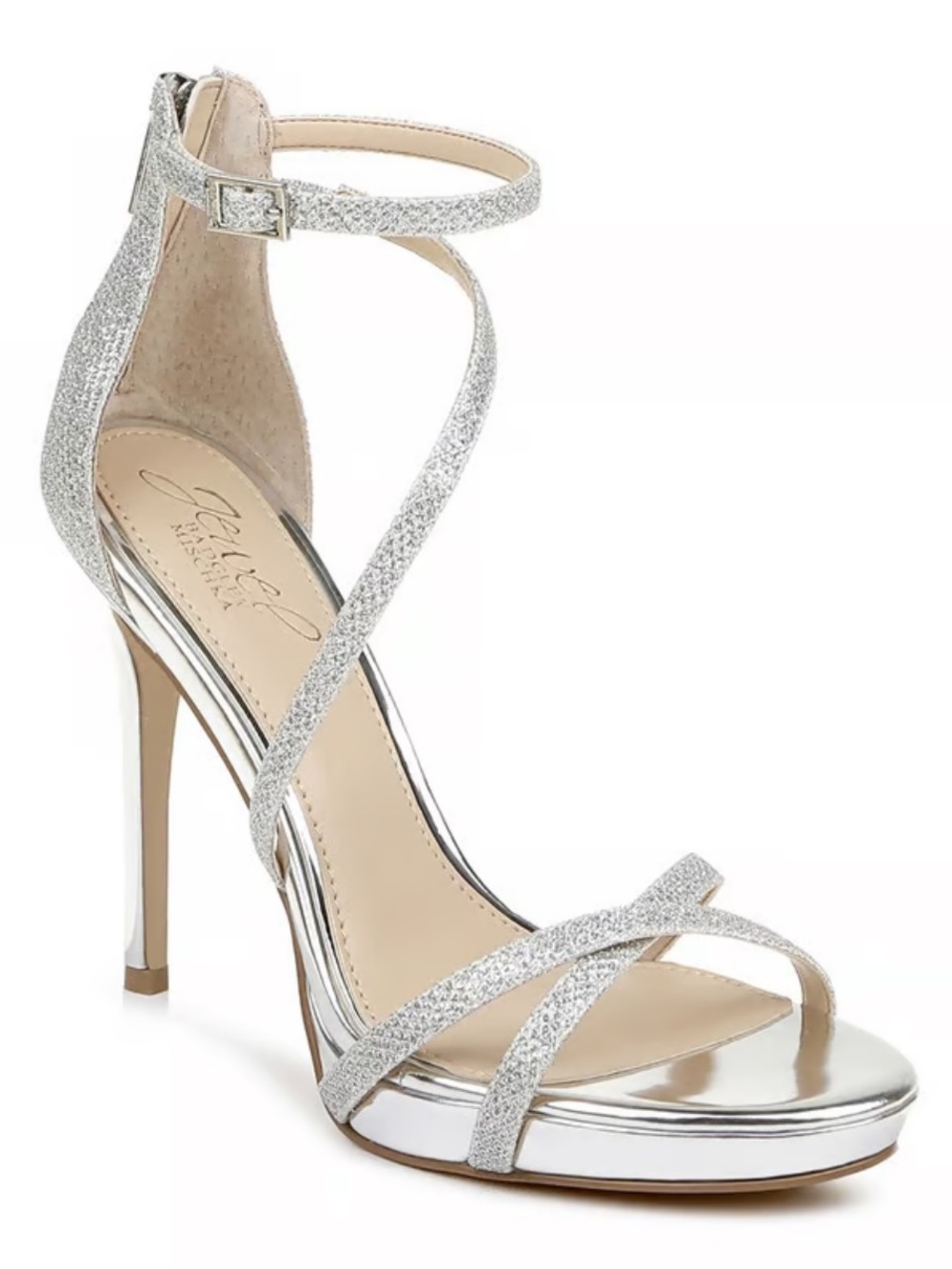 Jewel‎ Badgley Mischka Silver Glitter Strappy Stiletto Heels